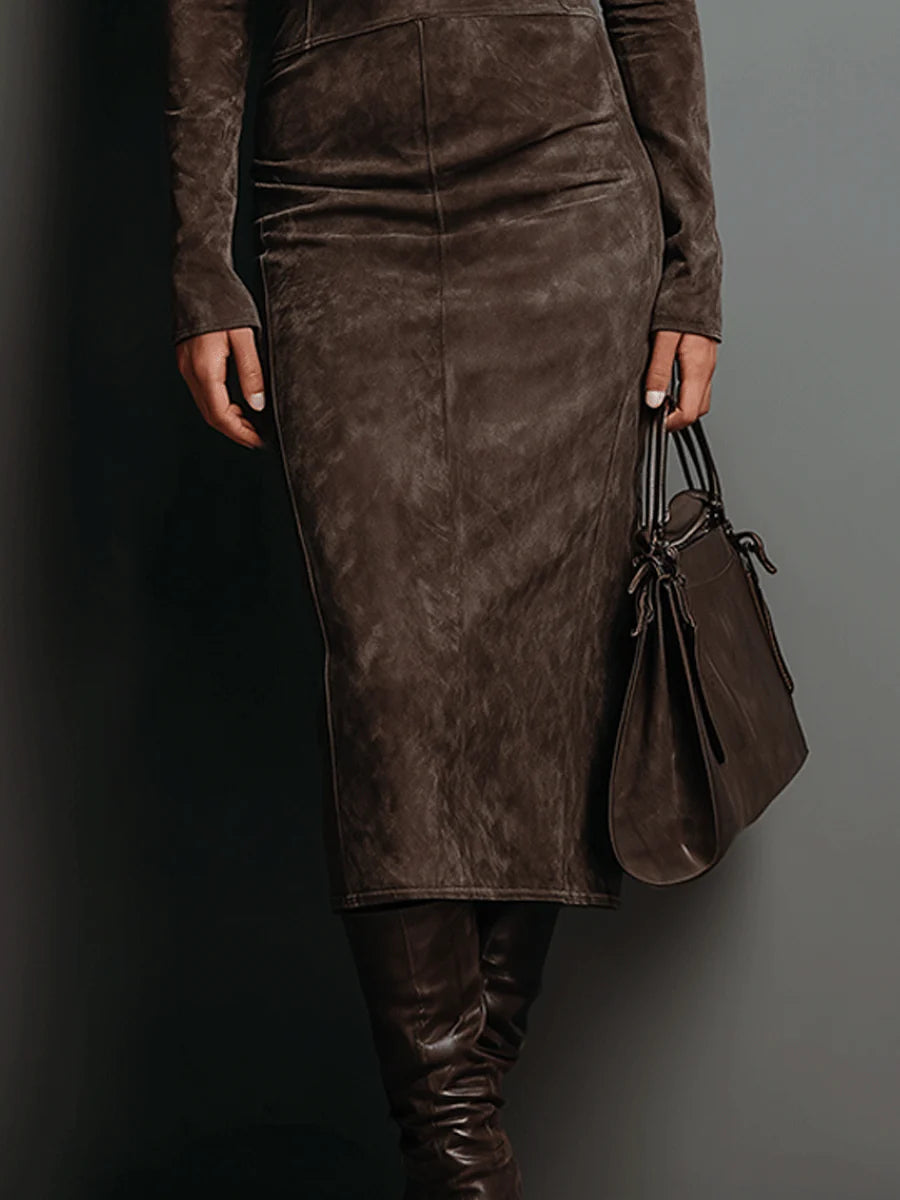 Brenda | Midi Suede Dress with High Neck and Long Sleeves