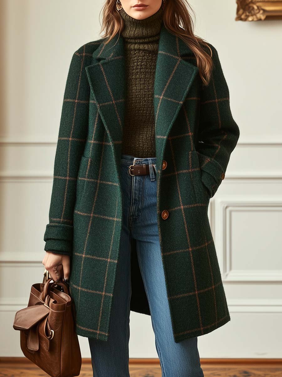 Ella | Women's Retro Lapel Plaid Tweed Coat