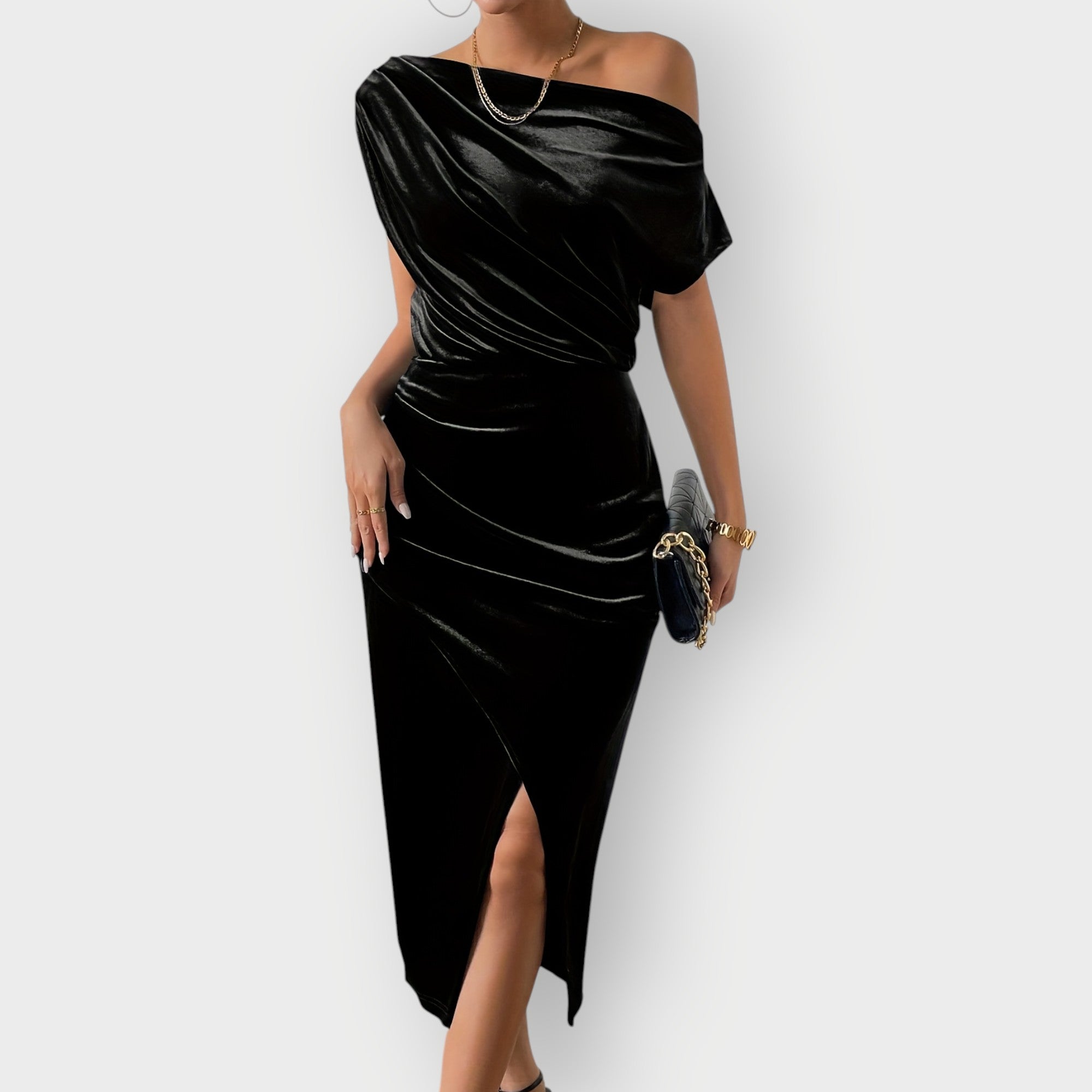 Grecia – Off-Shoulder Draped Velvet Midi Dress