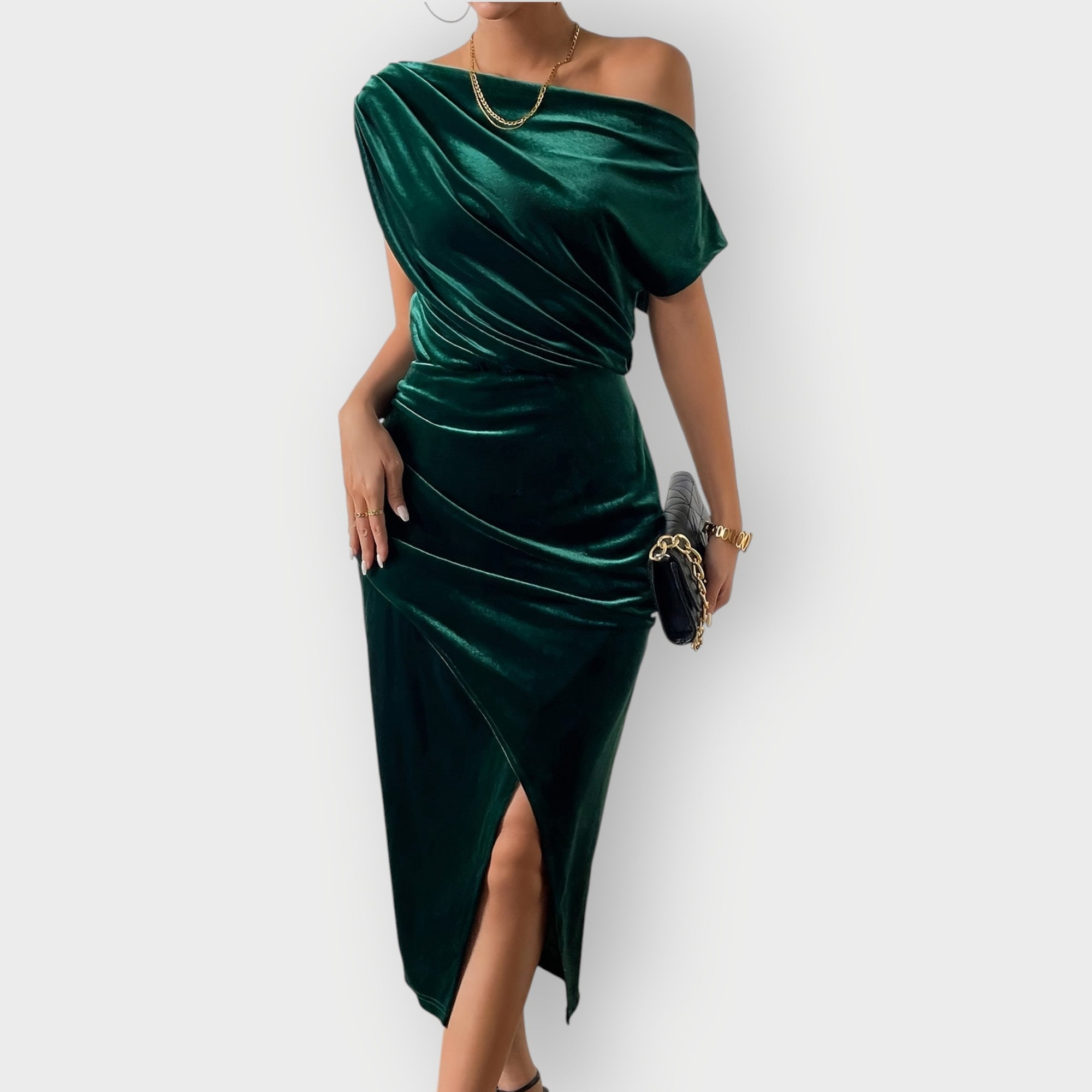 Grecia – Off-Shoulder Draped Velvet Midi Dress