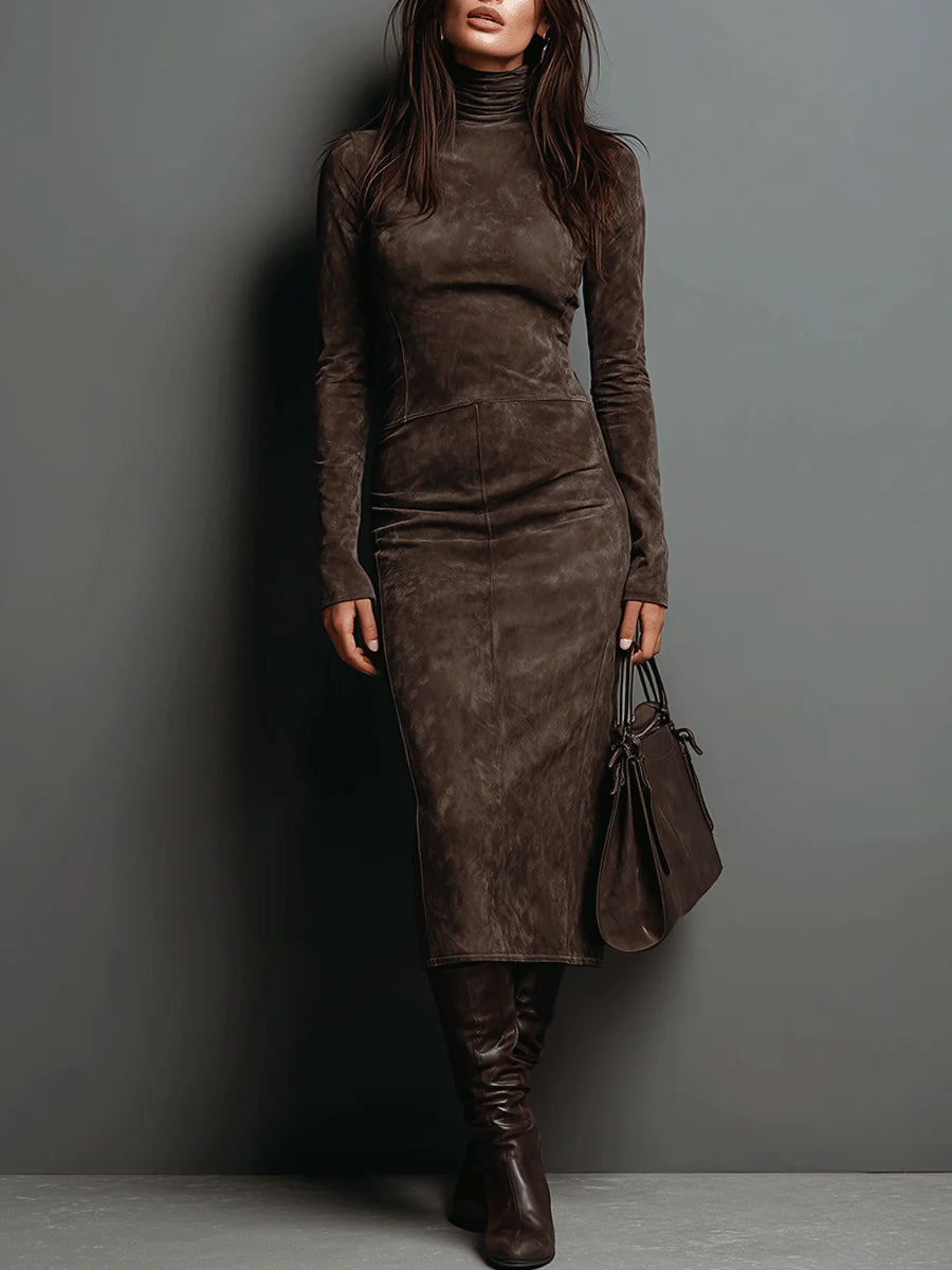 Brenda | Midi Suede Dress with High Neck and Long Sleeves