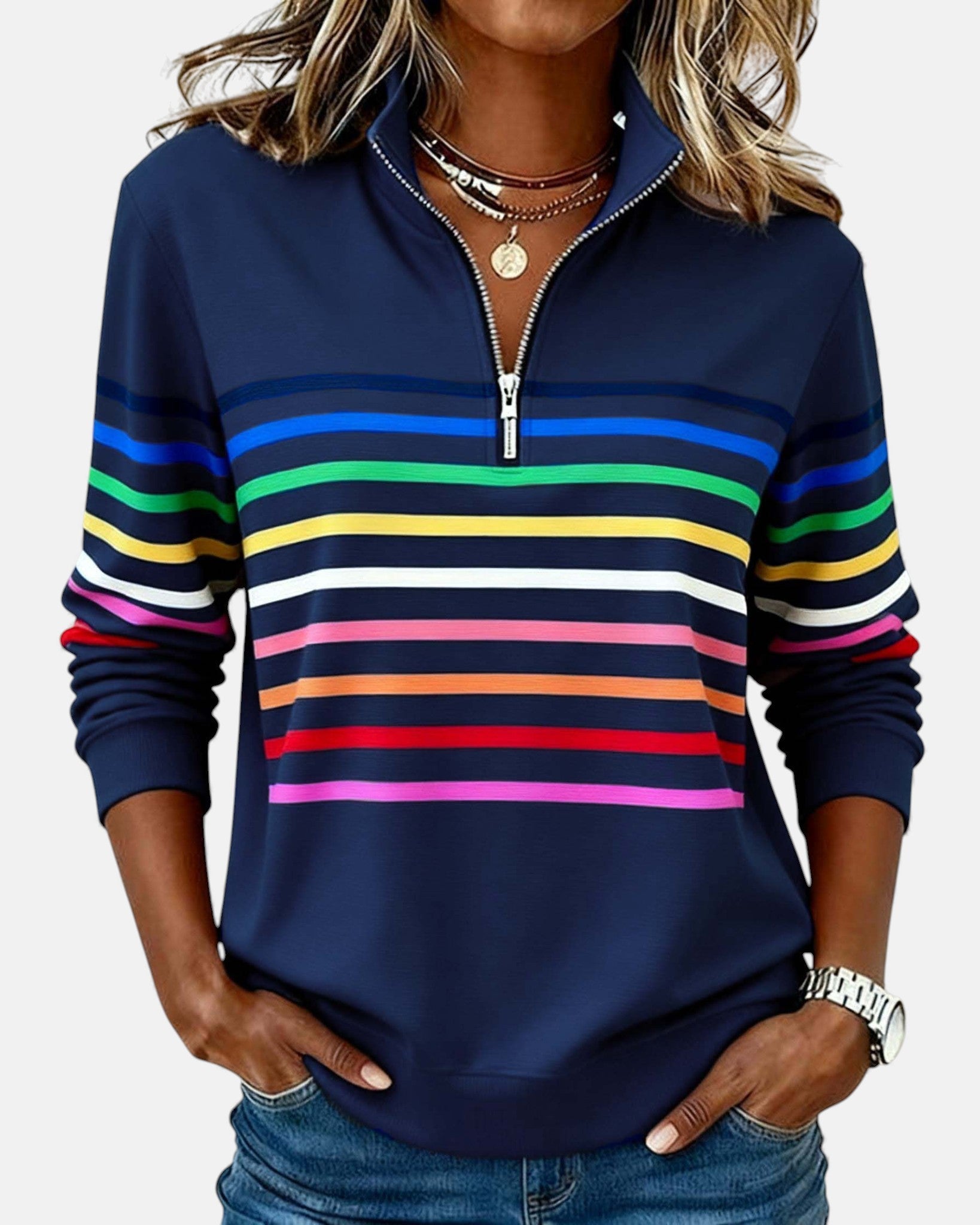 Vera | Rainbow Striped Zip Sweatshirt