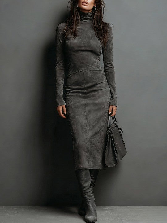Brenda | Midi Suede Dress with High Neck and Long Sleeves